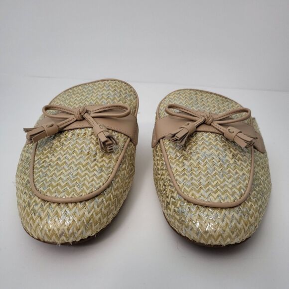 COACH Stassi Raffia Mules Womens 8 Neutral Gold Weave Slip On Tassle Flats - Picture 3 of 10